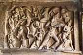 Mamallapuram - Tamil Nadu. the Mahishamardhini cave. The panel of Durga engaging Mahishasura.